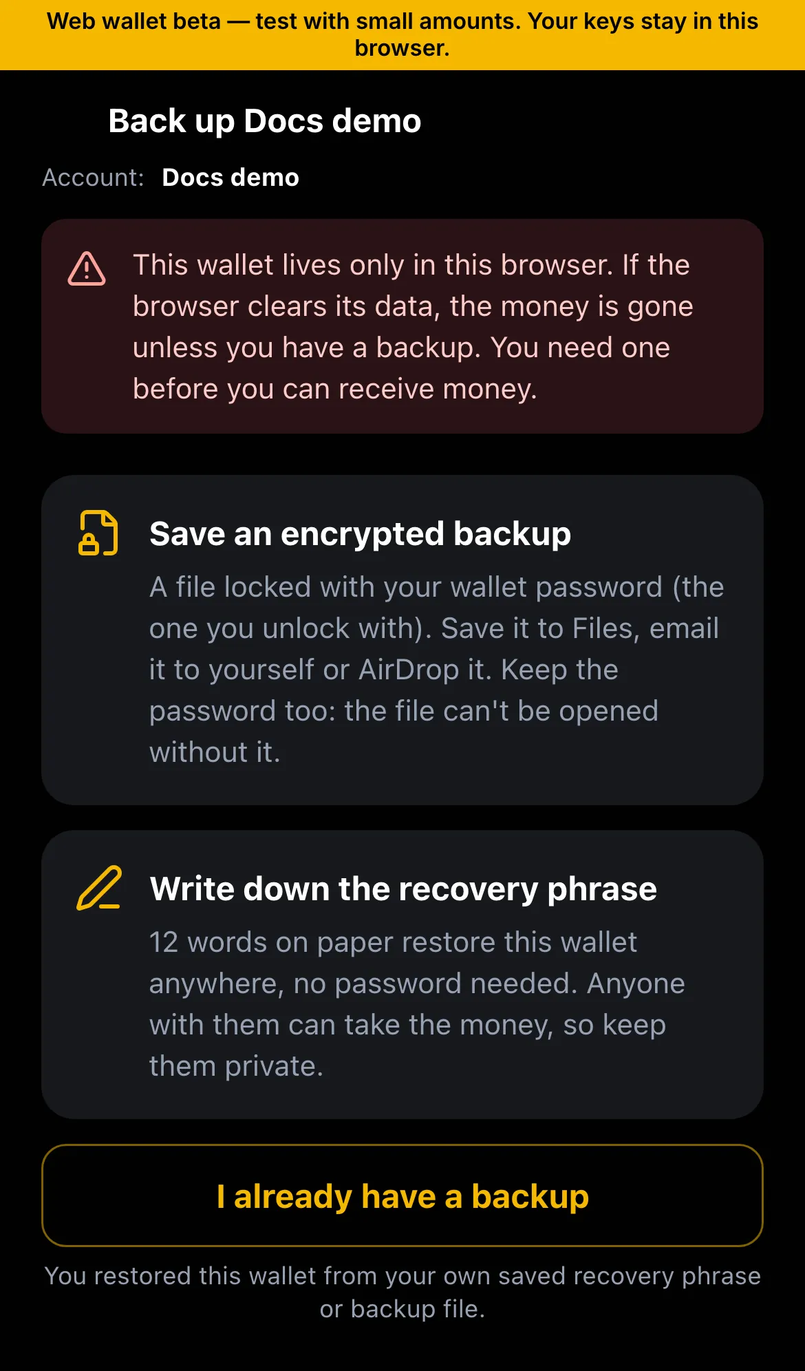 Back up your wallet screen