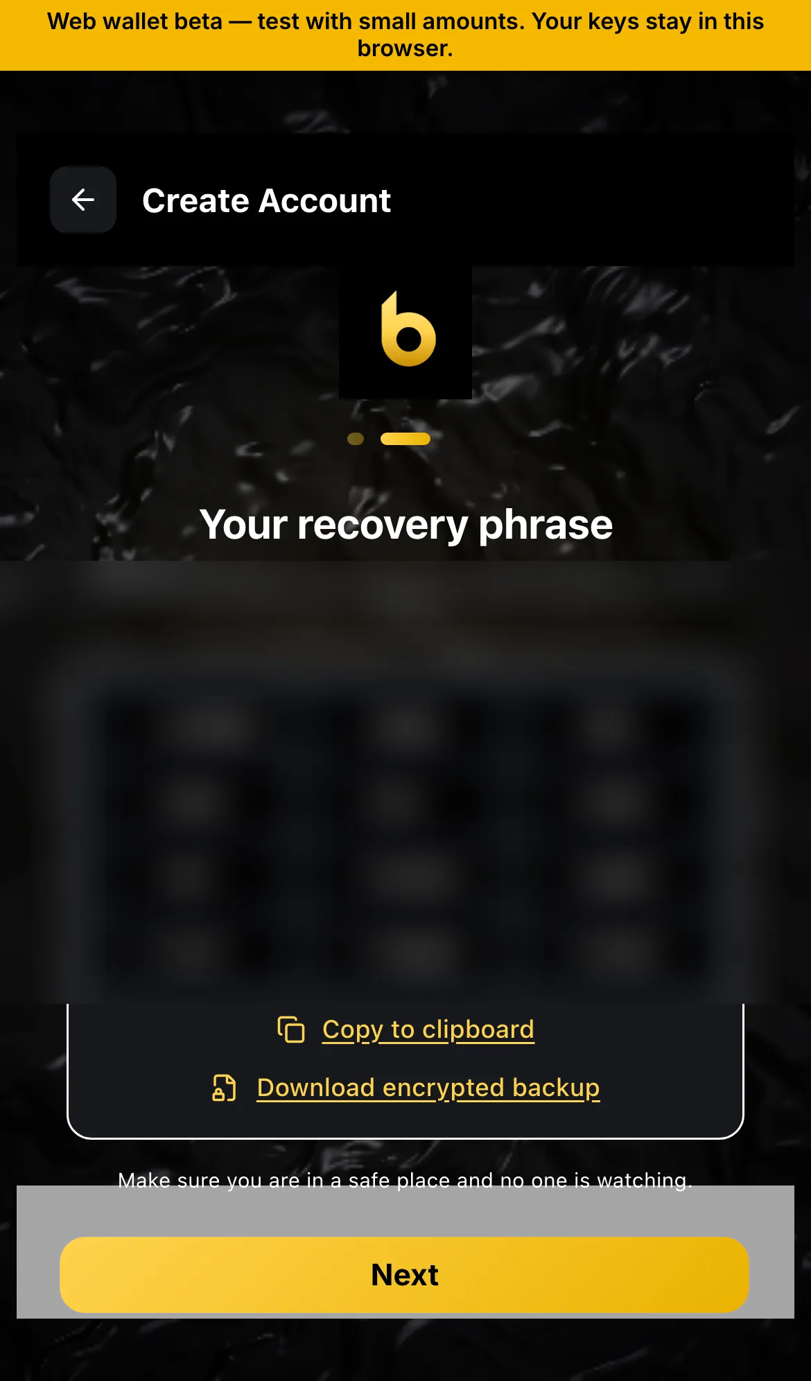 Recovery phrase screen, words hidden