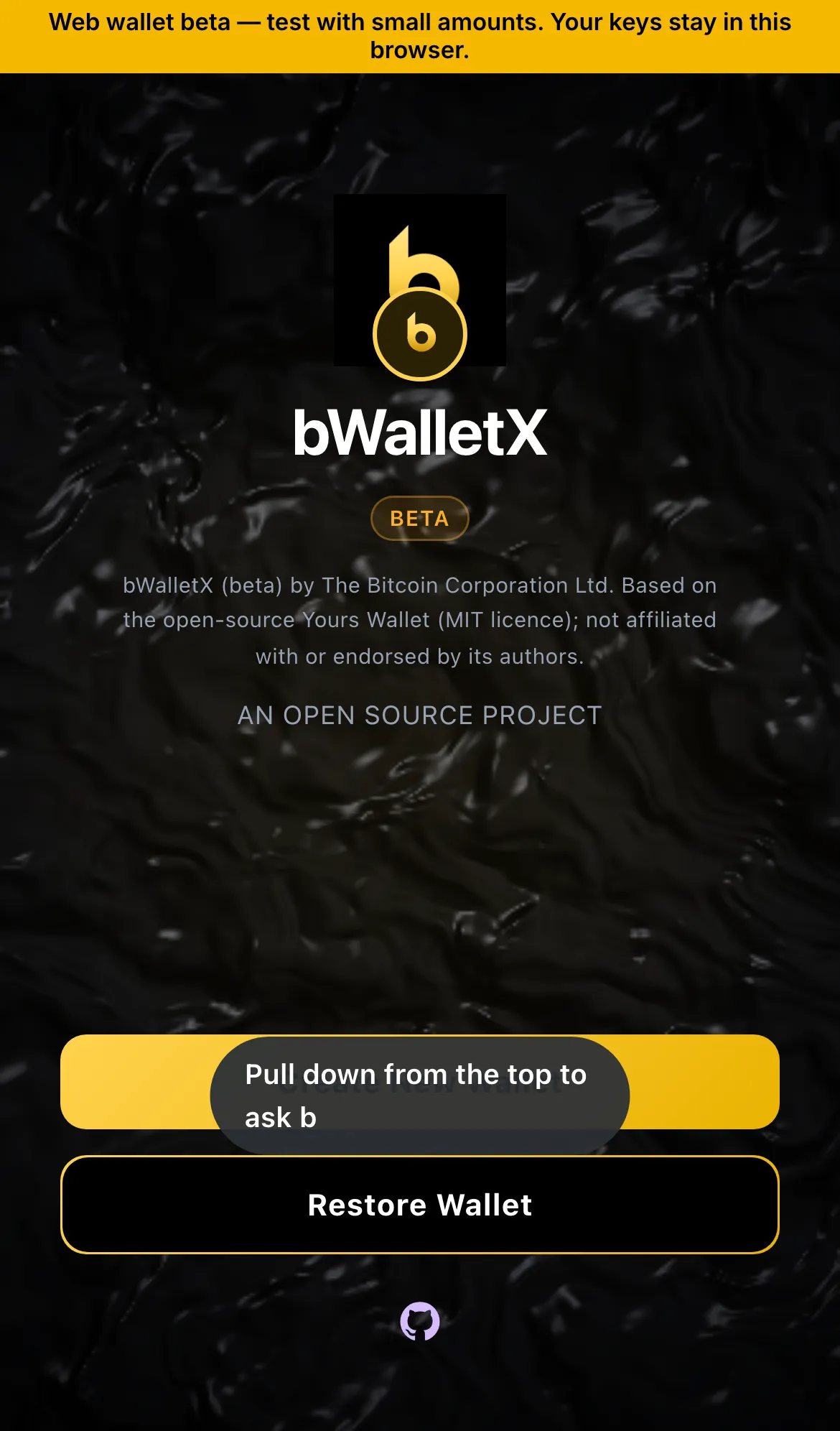 bWalletX welcome screen